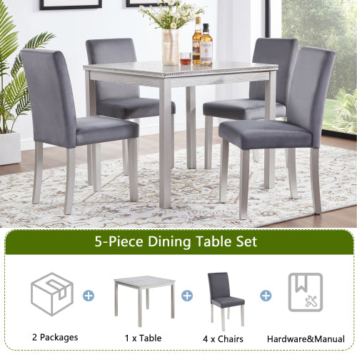 COMEDOR #16 SILVER GRAY5 Piece Wooden Dining Table Set, Kitchen Table Set with a Square Table and 4 Upholstered Chairs, Wooden Dining Room Table with Crystal Decoration and Chairs Set for Kitchen, Dining Room, Silver grey