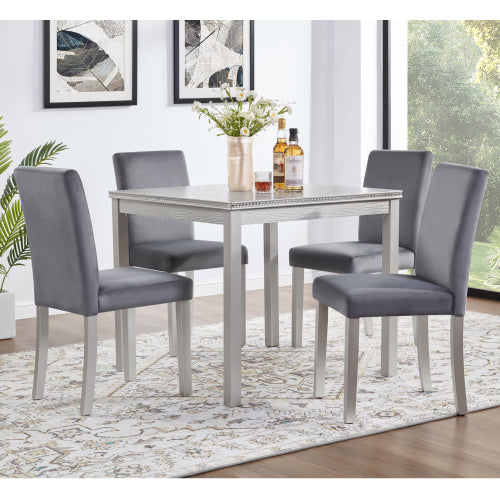 COMEDOR #16 SILVER GRAY5 Piece Wooden Dining Table Set, Kitchen Table Set with a Square Table and 4 Upholstered Chairs, Wooden Dining Room Table with Crystal Decoration and Chairs Set for Kitchen, Dining Room, Silver grey