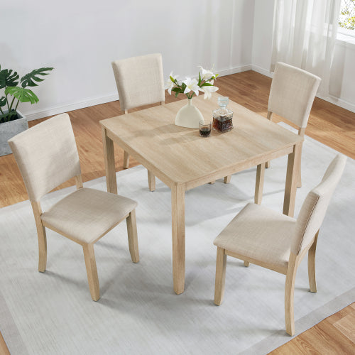 COMEDOR #17-Modern 4 Person Dining Table Set with 4 Chairs, Dining Table Set for 4 People, 5-piece Wooden Dining Table Set for Living Room, Kitchen and Dining Room, Light Oak + Beige