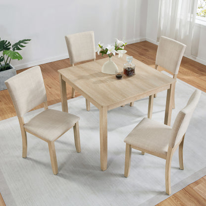 COMEDOR #17-Modern 4 Person Dining Table Set with 4 Chairs, Dining Table Set for 4 People, 5-piece Wooden Dining Table Set for Living Room, Kitchen and Dining Room, Light Oak + Beige