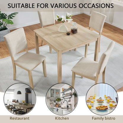 COMEDOR #17-Modern 4 Person Dining Table Set with 4 Chairs, Dining Table Set for 4 People, 5-piece Wooden Dining Table Set for Living Room, Kitchen and Dining Room, Light Oak + Beige