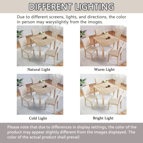COMEDOR #17-Modern 4 Person Dining Table Set with 4 Chairs, Dining Table Set for 4 People, 5-piece Wooden Dining Table Set for Living Room, Kitchen and Dining Room, Light Oak + Beige