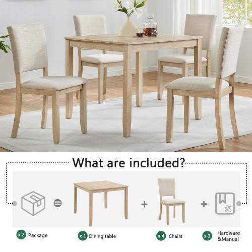 COMEDOR #17-Modern 4 Person Dining Table Set with 4 Chairs, Dining Table Set for 4 People, 5-piece Wooden Dining Table Set for Living Room, Kitchen and Dining Room, Light Oak + Beige