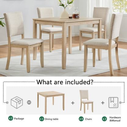 COMEDOR #17-Modern 4 Person Dining Table Set with 4 Chairs, Dining Table Set for 4 People, 5-piece Wooden Dining Table Set for Living Room, Kitchen and Dining Room, Light Oak + Beige