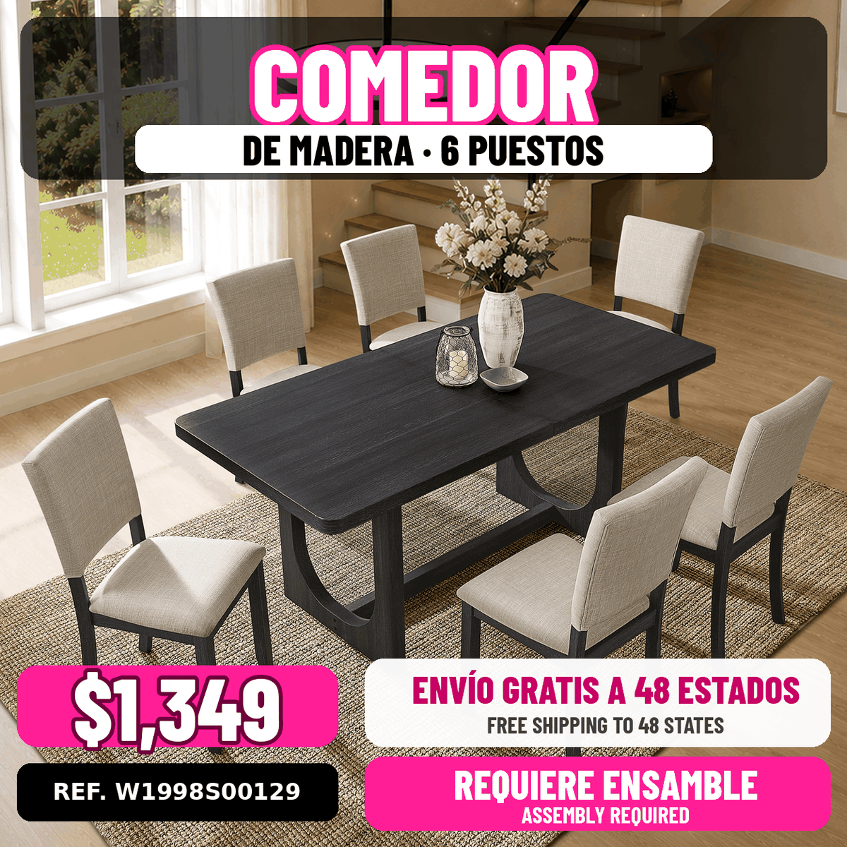 Comedor de madera 6 puestos con sillas beige