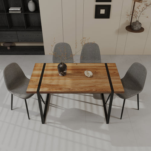 COMEDOR 18-59" MDF natural wood dining table and modern dining chair set of 4 pieces, medieval wooden kitchen dining table set, black rectangular metal base, dining table and suede chair set