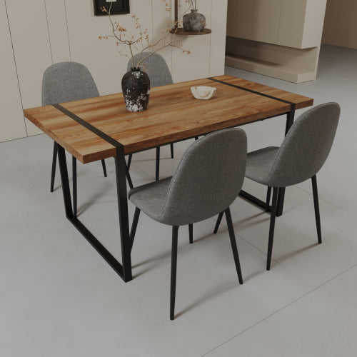 COMEDOR 18-59" MDF natural wood dining table and modern dining chair set of 4 pieces, medieval wooden kitchen dining table set, black rectangular metal base, dining table and suede chair set