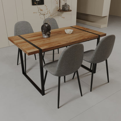COMEDOR 18-59" MDF natural wood dining table and modern dining chair set of 4 pieces, medieval wooden kitchen dining table set, black rectangular metal base, dining table and suede chair set
