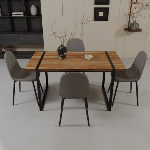 COMEDOR 18-59" MDF natural wood dining table and modern dining chair set of 4 pieces, medieval wooden kitchen dining table set, black rectangular metal base, dining table and suede chair set