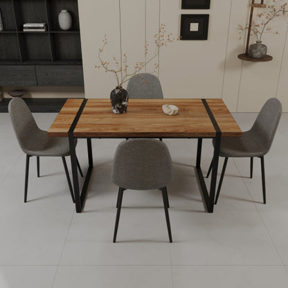 COMEDOR 18-59" MDF natural wood dining table and modern dining chair set of 4 pieces, medieval wooden kitchen dining table set, black rectangular metal base, dining table and suede chair set