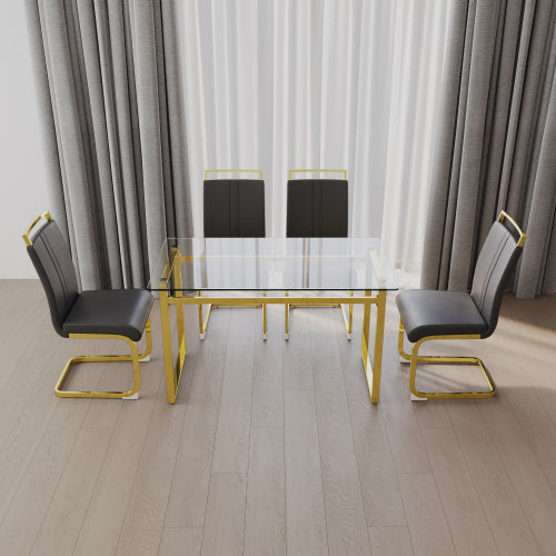 COMEDOR #24 51 inch Glass Dining Table Set for 4, Dining Table & Chair Sets with Golden Plating Legs for Kitchen, Modern Rectangle Tempered Glass Table Top and PU Dining armless Chair for Dining Room