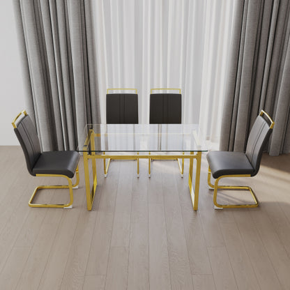 COMEDOR #24 51 inch Glass Dining Table Set for 4, Dining Table & Chair Sets with Golden Plating Legs for Kitchen, Modern Rectangle Tempered Glass Table Top and PU Dining armless Chair for Dining Room