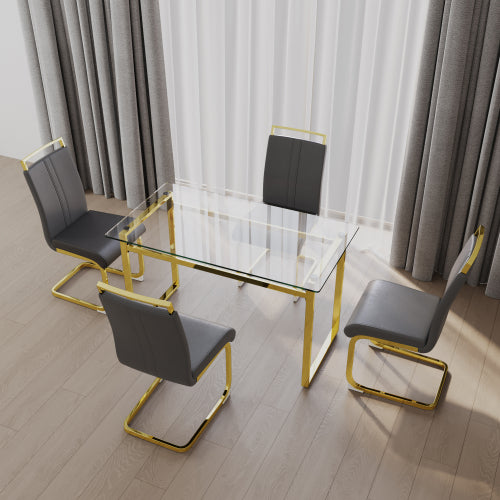 COMEDOR #24 51 inch Glass Dining Table Set for 4, Dining Table & Chair Sets with Golden Plating Legs for Kitchen, Modern Rectangle Tempered Glass Table Top and PU Dining armless Chair for Dining Room