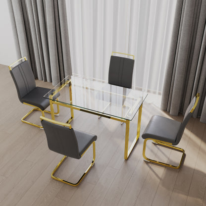 COMEDOR #24 51 inch Glass Dining Table Set for 4, Dining Table & Chair Sets with Golden Plating Legs for Kitchen, Modern Rectangle Tempered Glass Table Top and PU Dining armless Chair for Dining Room
