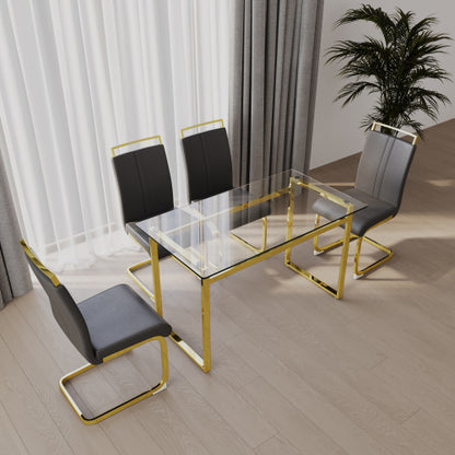 COMEDOR #24 51 inch Glass Dining Table Set for 4, Dining Table & Chair Sets with Golden Plating Legs for Kitchen, Modern Rectangle Tempered Glass Table Top and PU Dining armless Chair for Dining Room