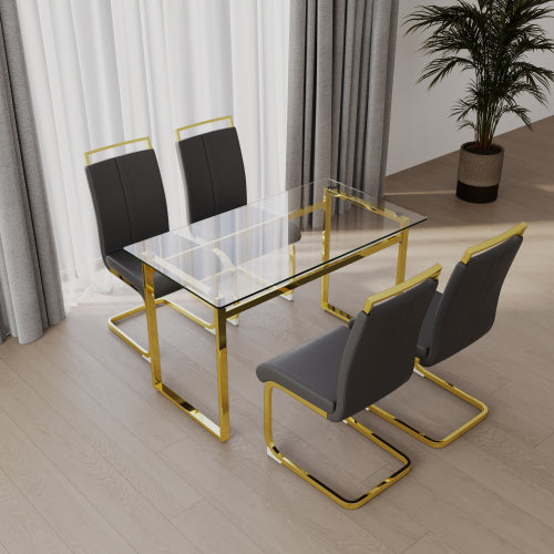 COMEDOR #24 51 inch Glass Dining Table Set for 4, Dining Table & Chair Sets with Golden Plating Legs for Kitchen, Modern Rectangle Tempered Glass Table Top and PU Dining armless Chair for Dining Room