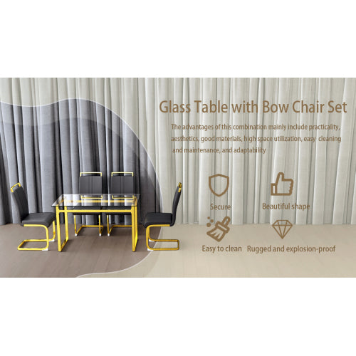 COMEDOR #24 51 inch Glass Dining Table Set for 4, Dining Table & Chair Sets with Golden Plating Legs for Kitchen, Modern Rectangle Tempered Glass Table Top and PU Dining armless Chair for Dining Room