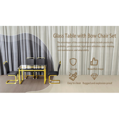 COMEDOR #24 51 inch Glass Dining Table Set for 4, Dining Table & Chair Sets with Golden Plating Legs for Kitchen, Modern Rectangle Tempered Glass Table Top and PU Dining armless Chair for Dining Room