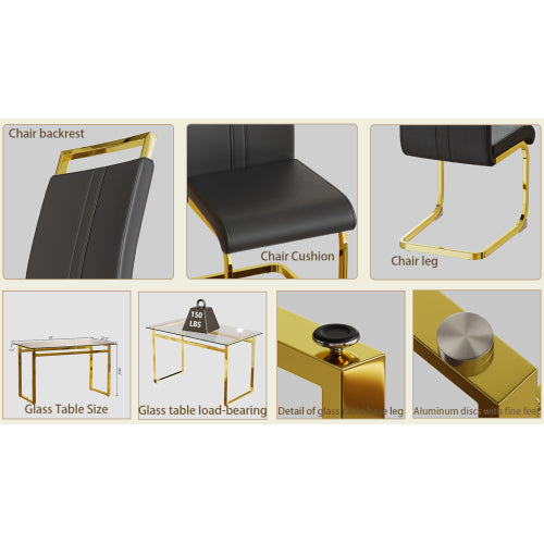 COMEDOR #24 51 inch Glass Dining Table Set for 4, Dining Table & Chair Sets with Golden Plating Legs for Kitchen, Modern Rectangle Tempered Glass Table Top and PU Dining armless Chair for Dining Room