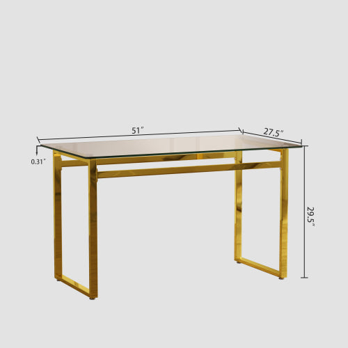 COMEDOR #24 51 inch Glass Dining Table Set for 4, Dining Table & Chair Sets with Golden Plating Legs for Kitchen, Modern Rectangle Tempered Glass Table Top and PU Dining armless Chair for Dining Room