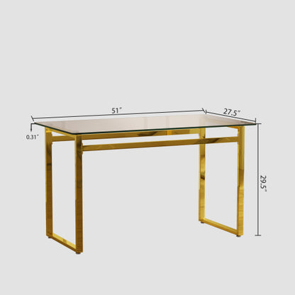 COMEDOR #24 51 inch Glass Dining Table Set for 4, Dining Table & Chair Sets with Golden Plating Legs for Kitchen, Modern Rectangle Tempered Glass Table Top and PU Dining armless Chair for Dining Room
