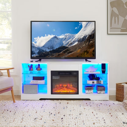 TV STAND CON CHIMENEA #4 - TV Stand Electric Fireplace TV Stand with Glass Shelves, 3D Fireplace TV Stand with LED Lights Wood with USB Charging Outlet Modern Television Table Center for TV up to 32-62" Black 58''W*15.4''D*24.6