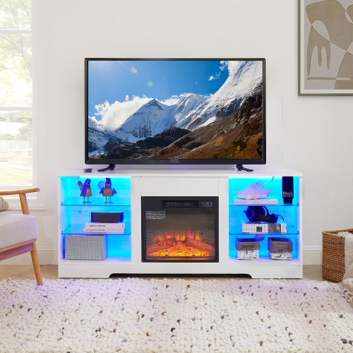 TV STAND CON CHIMENEA #5 - TV Stand Electric Fireplace TV Stand with Glass Shelves, 3D Fireplace TV Stand with LED Lights Wood with USB Charging Outlet Modern Television Table Center for TV up to 32-62" ESP 58''W*15.4''D*24.6