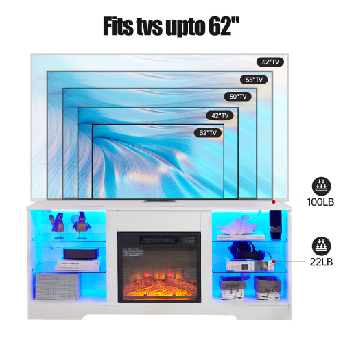 TV STAND CON CHIMENEA #3 - TV Stand Electric Fireplace TV Stand with Glass Shelves, 3D Fireplace TV Stand with LED Lights Wood with USB Charging Outlet Modern Television Table Center for TV up to 32-62" White 58''W*15.4''D*24.6