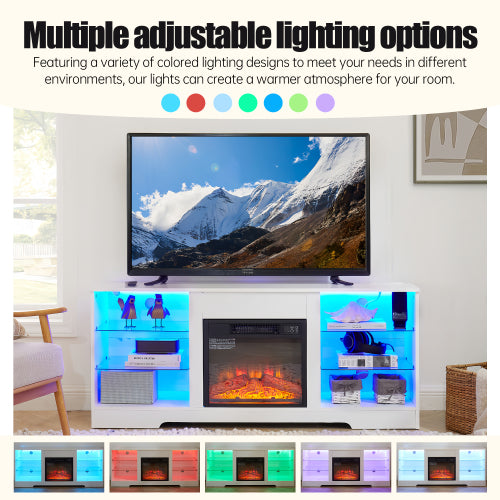 TV STAND CON CHIMENEA #3 - TV Stand Electric Fireplace TV Stand with Glass Shelves, 3D Fireplace TV Stand with LED Lights Wood with USB Charging Outlet Modern Television Table Center for TV up to 32-62" White 58''W*15.4''D*24.6