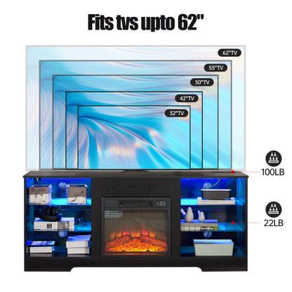 TV STAND CON CHIMENEA #3 - TV Stand Electric Fireplace TV Stand with Glass Shelves, 3D Fireplace TV Stand with LED Lights Wood with USB Charging Outlet Modern Television Table Center for TV up to 32-62" White 58''W*15.4''D*24.6