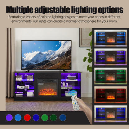 TV STAND CON CHIMENEA #6 - TV Stand Electric Fireplace TV Stand with Glass Shelves, 3D Fireplace TV Stand with LED Lights Wood with USB Charging Outlet Modern Television Table Center for TV up to 32-62" OAK 58'W*15.4''D*24.6