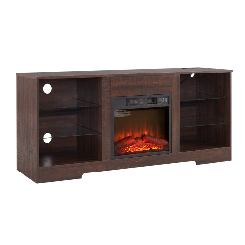 TV STAND CON CHIMENEA #3 - TV Stand Electric Fireplace TV Stand with Glass Shelves, 3D Fireplace TV Stand with LED Lights Wood with USB Charging Outlet Modern Television Table Center for TV up to 32-62" White 58''W*15.4''D*24.6