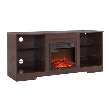 TV STAND CON CHIMENEA #5 - TV Stand Electric Fireplace TV Stand with Glass Shelves, 3D Fireplace TV Stand with LED Lights Wood with USB Charging Outlet Modern Television Table Center for TV up to 32-62" ESP 58''W*15.4''D*24.6