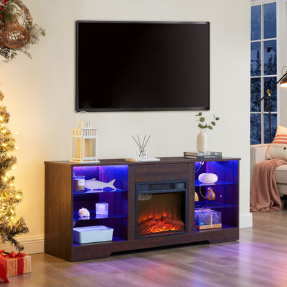 TV STAND CON CHIMENEA #3 - TV Stand Electric Fireplace TV Stand with Glass Shelves, 3D Fireplace TV Stand with LED Lights Wood with USB Charging Outlet Modern Television Table Center for TV up to 32-62" White 58''W*15.4''D*24.6