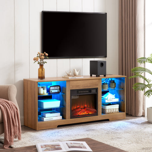 TV STAND CON CHIMENEA #5 - TV Stand Electric Fireplace TV Stand with Glass Shelves, 3D Fireplace TV Stand with LED Lights Wood with USB Charging Outlet Modern Television Table Center for TV up to 32-62" ESP 58''W*15.4''D*24.6