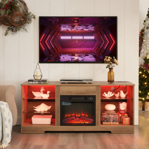 TV STAND CON CHIMENEA #3 - TV Stand Electric Fireplace TV Stand with Glass Shelves, 3D Fireplace TV Stand with LED Lights Wood with USB Charging Outlet Modern Television Table Center for TV up to 32-62" White 58''W*15.4''D*24.6