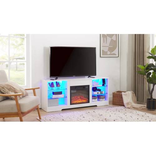 TV STAND CON CHIMENEA #3 - TV Stand Electric Fireplace TV Stand with Glass Shelves, 3D Fireplace TV Stand with LED Lights Wood with USB Charging Outlet Modern Television Table Center for TV up to 32-62" White 58''W*15.4''D*24.6