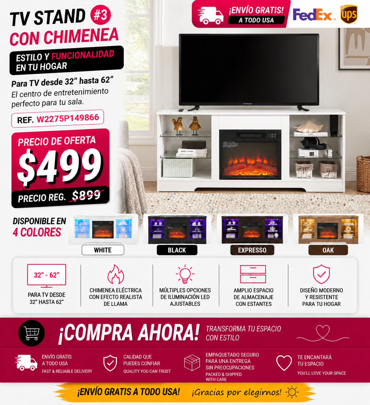 TV STAND CON CHIMENEA #3 - TV Stand Electric Fireplace TV Stand with Glass Shelves, 3D Fireplace TV Stand with LED Lights Wood with USB Charging Outlet Modern Television Table Center for TV up to 32-62" White 58''W*15.4''D*24.6