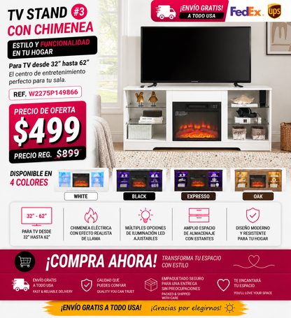 TV STAND CON CHIMENEA #3 - TV Stand Electric Fireplace TV Stand with Glass Shelves, 3D Fireplace TV Stand with LED Lights Wood with USB Charging Outlet Modern Television Table Center for TV up to 32-62" White 58''W*15.4''D*24.6