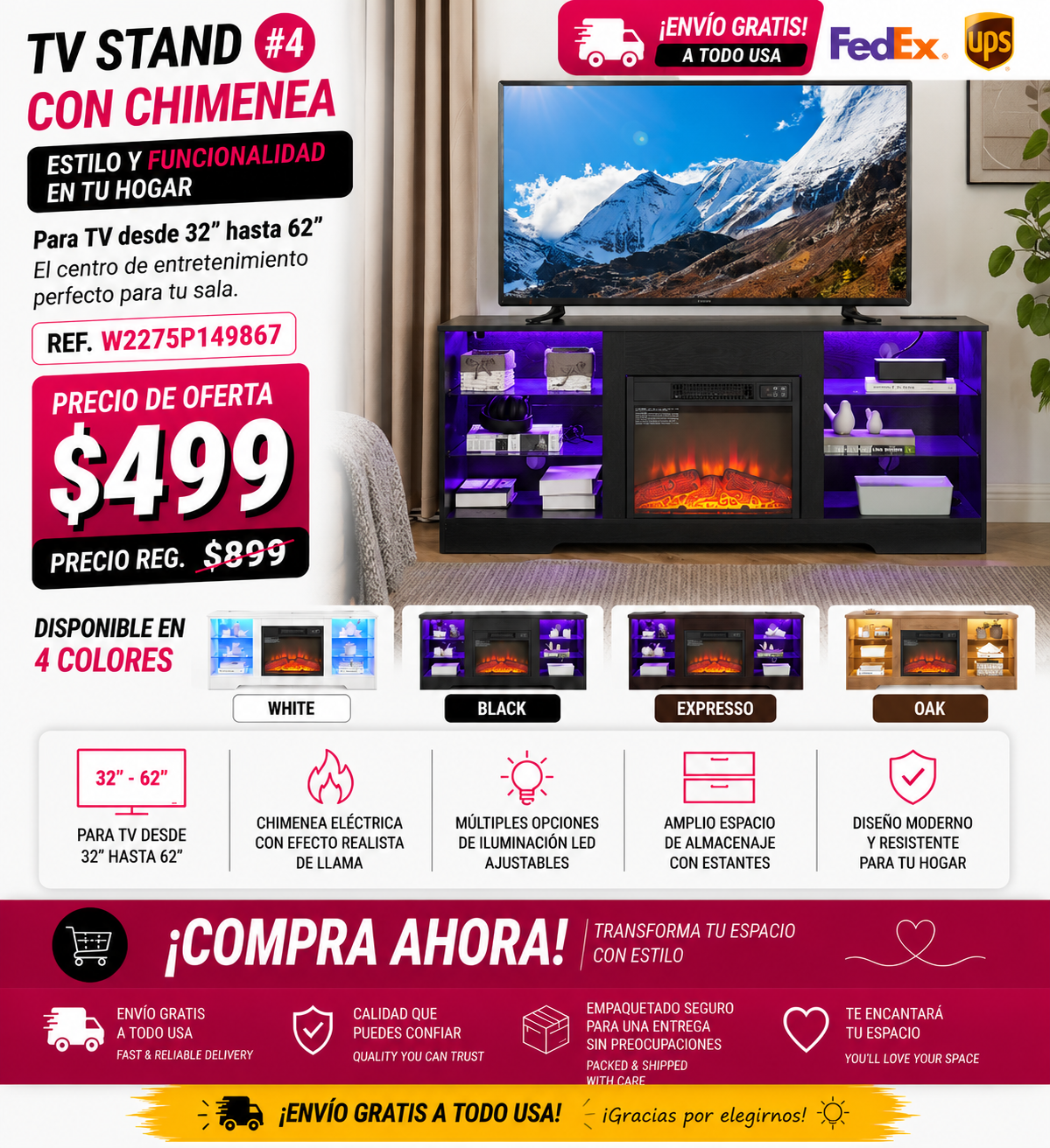 TV STAND CON CHIMENEA #4 - TV Stand Electric Fireplace TV Stand with Glass Shelves, 3D Fireplace TV Stand with LED Lights Wood with USB Charging Outlet Modern Television Table Center for TV up to 32-62" Black 58''W*15.4''D*24.6