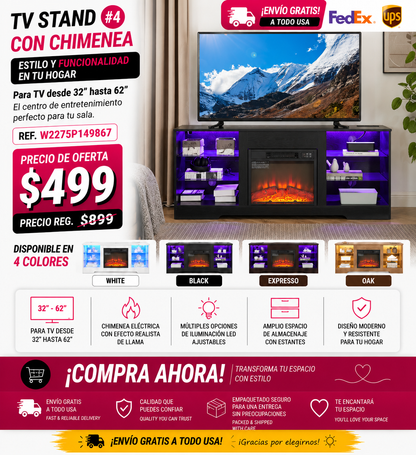 TV STAND CON CHIMENEA #4 - TV Stand Electric Fireplace TV Stand with Glass Shelves, 3D Fireplace TV Stand with LED Lights Wood with USB Charging Outlet Modern Television Table Center for TV up to 32-62" Black 58''W*15.4''D*24.6