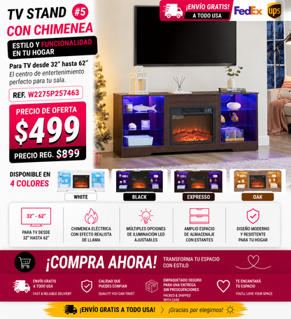 TV STAND CON CHIMENEA #5 - TV Stand Electric Fireplace TV Stand with Glass Shelves, 3D Fireplace TV Stand with LED Lights Wood with USB Charging Outlet Modern Television Table Center for TV up to 32-62" ESP 58''W*15.4''D*24.6
