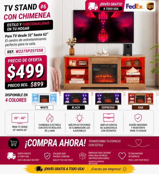 48-TV STAND CON CHIMENEA #6 - TV Stand Electric Fireplace TV Stand with Glass Shelves, 3D Fireplace TV Stand with LED Lights Wood with USB Charging Outlet Modern Television Table Center for TV up to 32-62" OAK 58'W*15.4''D*24.6