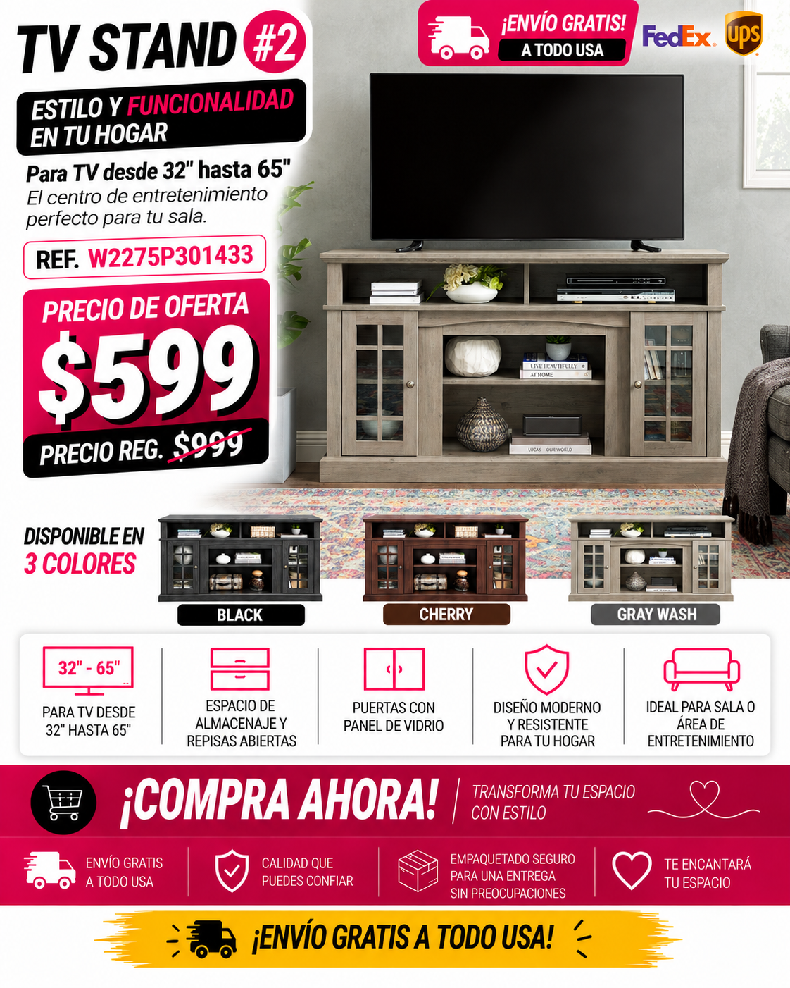 48 - TV STAND #2 - Classic TV Media Stand Modern Entertainment Console for TV Up to 65" with Open and Closed Storage Space, Gray Wash, 58.25"W*15.75"D*32"H