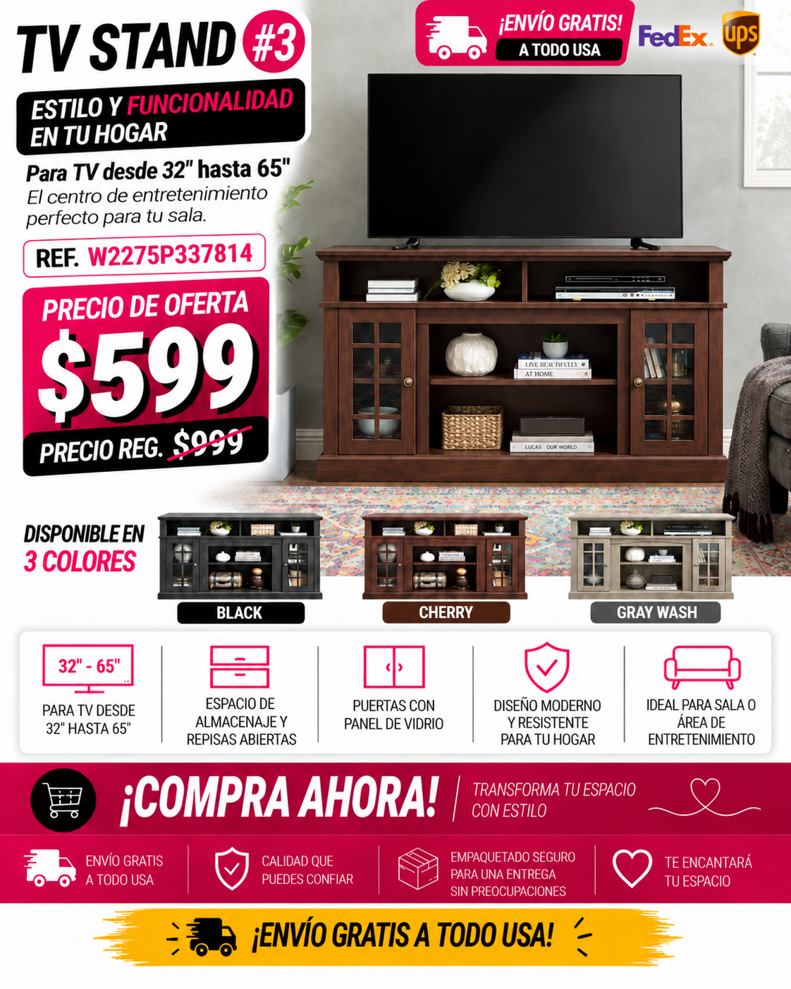 48 - TV STAND #3 - Classic TV Media Stand Modern Entertainment Console for TV Up to 65" with Open and Closed Storage Space, Espresso, 58.25"W*15.75"D*32"H