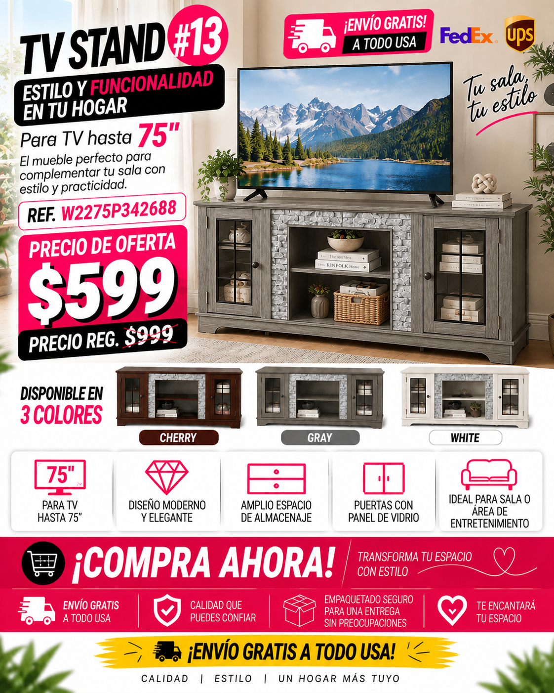 48 - TV STAND #13 - 70" Modern TV Stand with 2-Door Storage, Faux Stone Media Console Cabinet, Grey Large Entertainment Center for Living Room