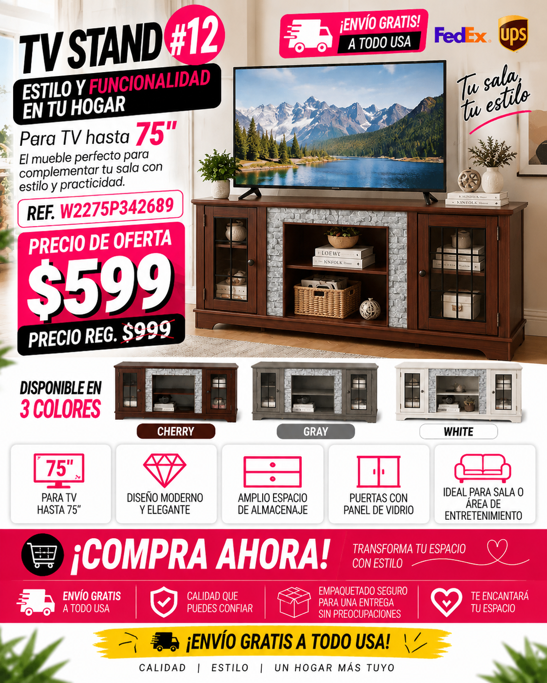 48 - TV STAND #12 - 70" Modern TV Stand with 2-Door Storage, Faux Stone Media Console Cabinet, Cherry Large Entertainment Center for Living Room