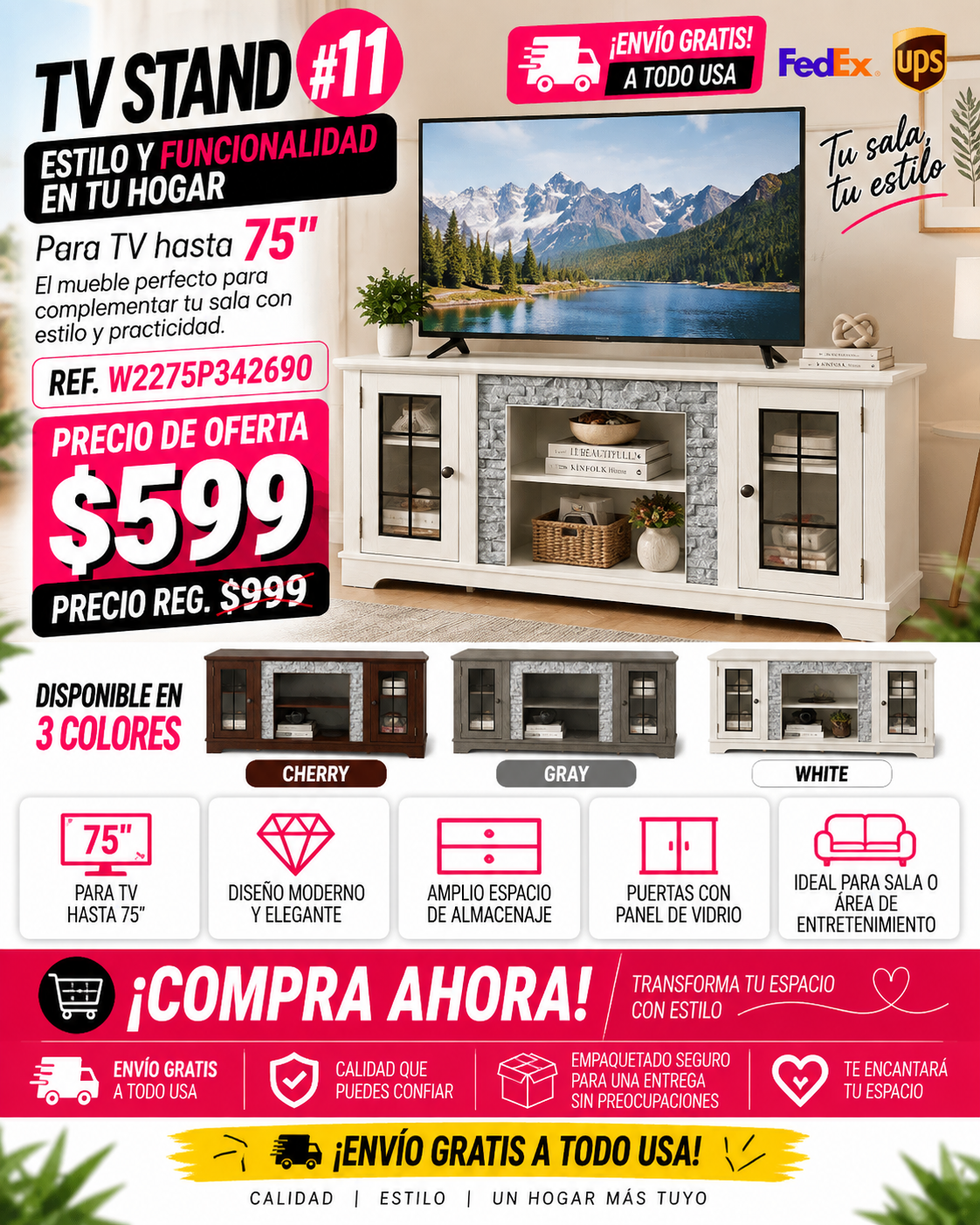 48 - TV STAND #11 - 70" Modern TV Stand with 2-Door Storage, Faux Stone Media Console Cabinet, White Large Entertainment Center for Living Room