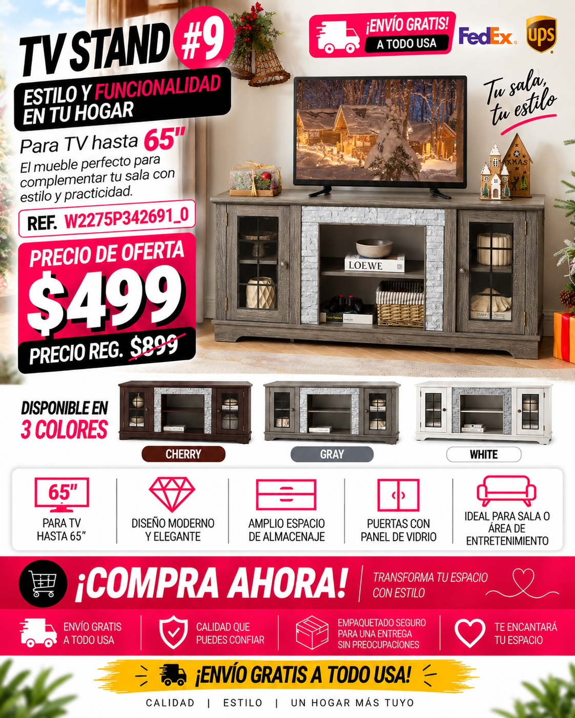 48 - TV STAND #9 - 58" Modern TV Stand with 2-Door Storage, Faux Stone Media Console Cabinet, Grey Large Entertainment Center for Living Room
