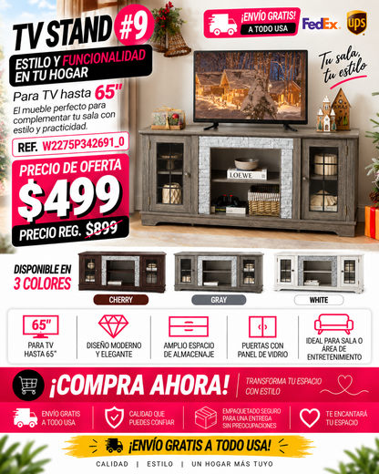 48 - TV STAND #9 - 58" Modern TV Stand with 2-Door Storage, Faux Stone Media Console Cabinet, Grey Large Entertainment Center for Living Room